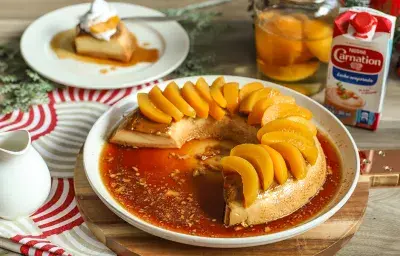 Flan al Ron y Melocotón