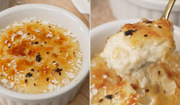 Cream brûlée de arroz con leche y coco