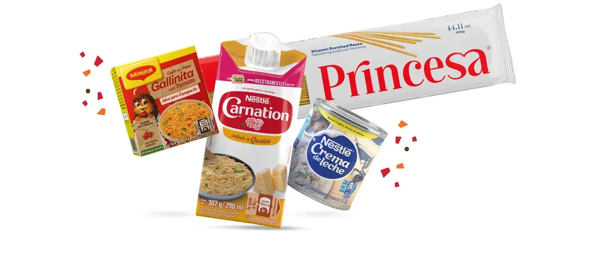 Pastas con Carnation® sabor a queso, Caldo en polvo Gallinita con Tomate Maggi® y Nestlé® Crema de leche